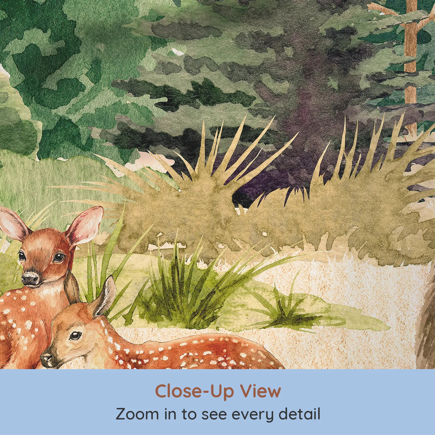 Close-up view of Whimsy Tots' Watercolor Woodland Meadow Wall Mural (Turn Their Room into a Sun-Drenched Forest Clearing).Gender-Neutral