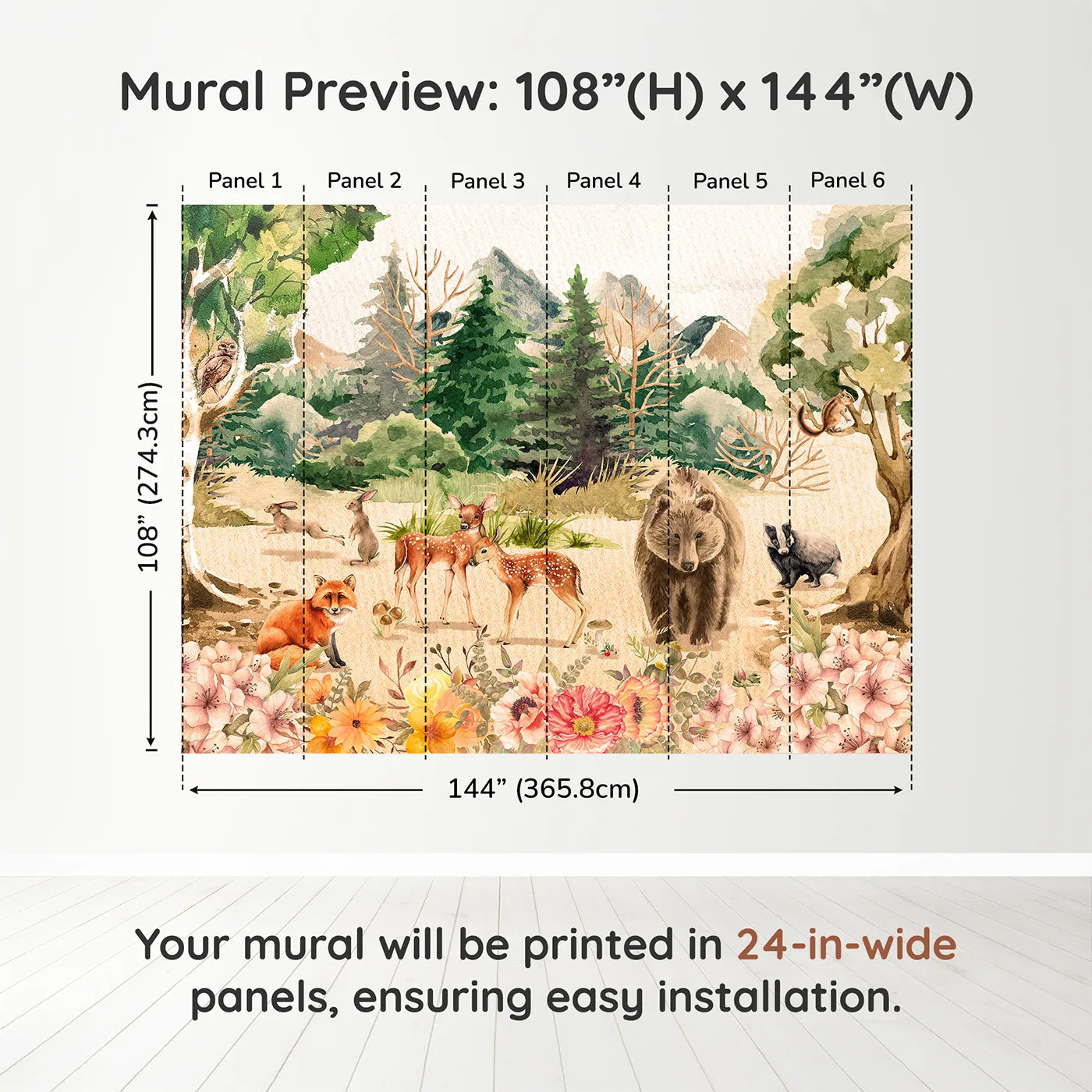 Whimsy Tots Watercolor Woodland Meadow Wall Muraldimension view (108" H x 144" W). Printed in six 24-inch-wide panels. Gender-Neutral
