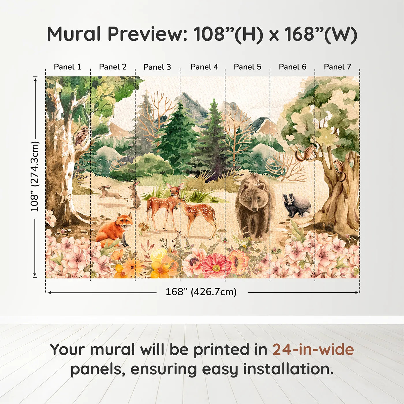 Whimsy Tots Watercolor Woodland Meadow Wall Muraldimension view (108" H x 168" W). Printed in seven 24-inch-wide panels. Gender-Neutral