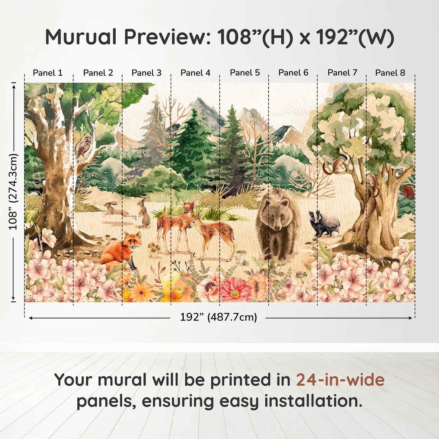 Whimsy Tots Watercolor Woodland Meadow Wall Muraldimension view (108" H x 192" W). Printed in eight 24-inch-wide panels. Gender-Neutral