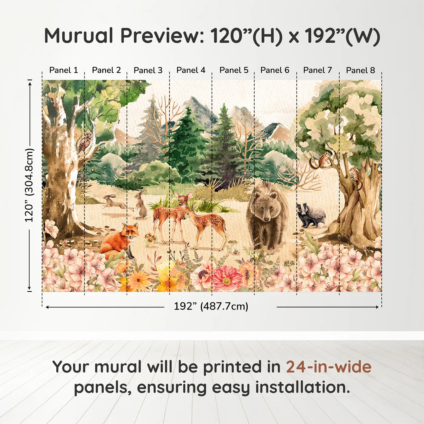 Whimsy Tots Watercolor Woodland Meadow Wall Muraldimension view (120" H x 192" W). Printed in eight 24-inch-wide panels. Gender-Neutral