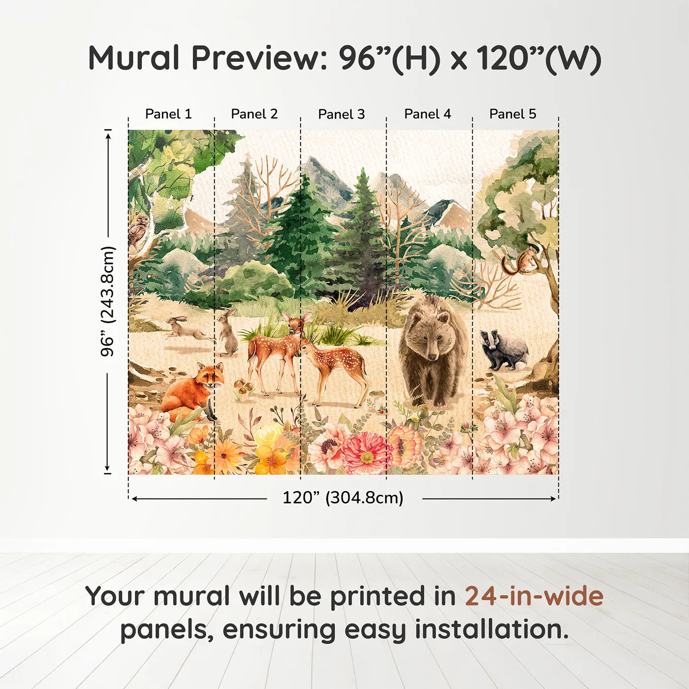 Whimsy Tots Watercolor Woodland Meadow Wall Muraldimension view (96" H x 120" W). Printed in five 24-inch-wide panels. Gender-Neutral