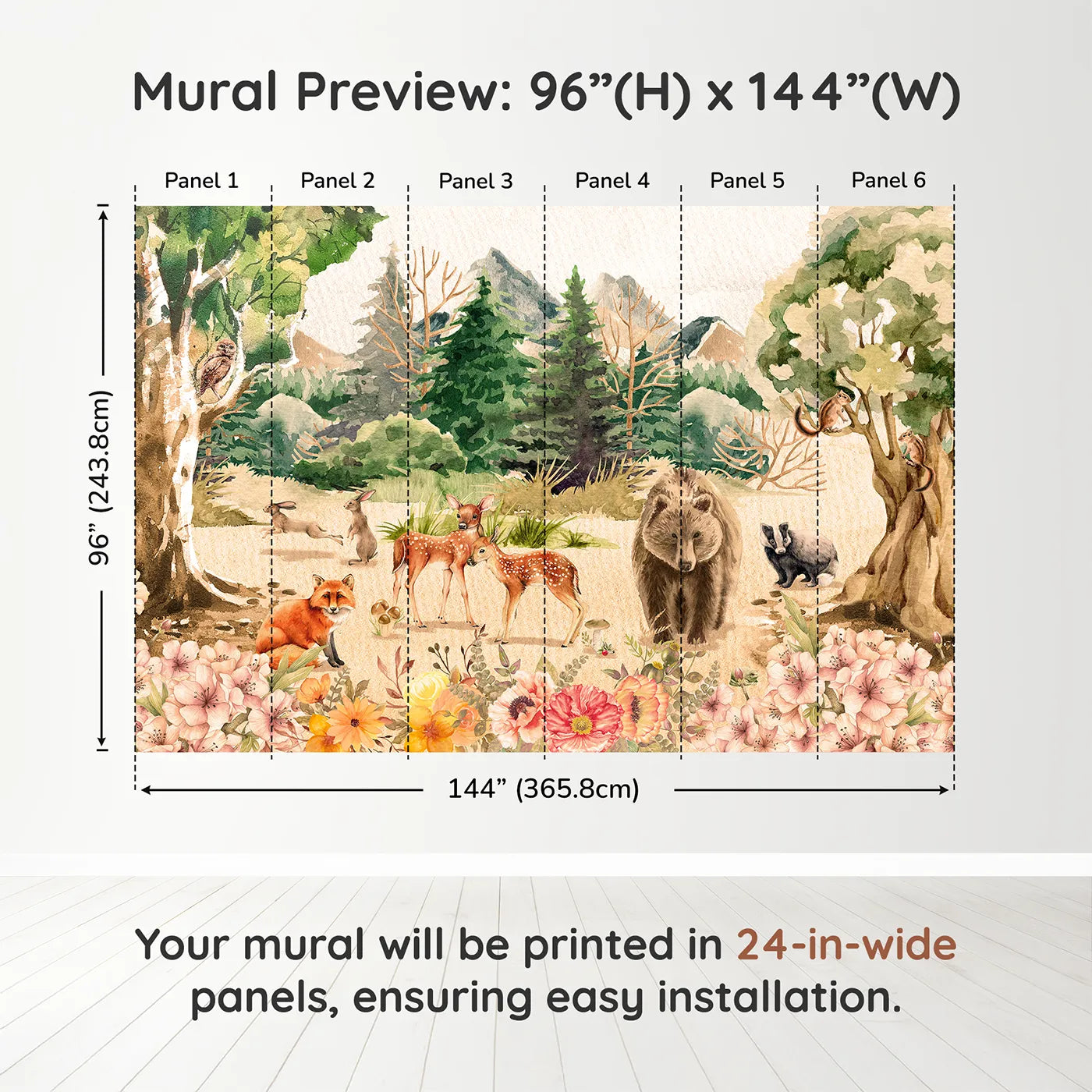 Whimsy Tots Watercolor Woodland Meadow Wall Muraldimension view (96" H x 144" W). Printed in six 24-inch-wide panels. Gender-Neutral