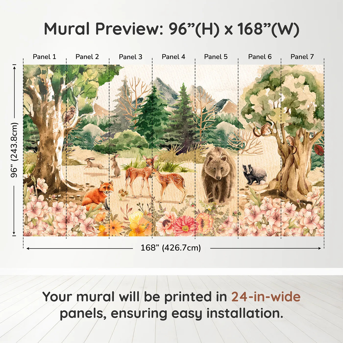 Whimsy Tots Watercolor Woodland Meadow Wall Muraldimension view (96" H x 168" W). Printed in seven 24-inch-wide panels. Gender-Neutral