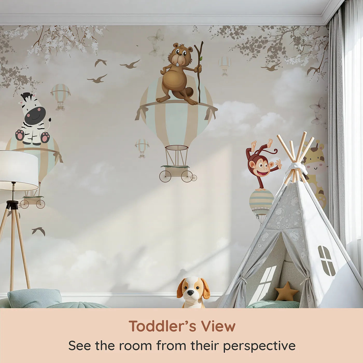 Whimsy Tots Safari Balloon Brigade Wall Mural (Turn Their Room into a Whimsical, High-Flying Parade) from your child's view.Gender-Neutral