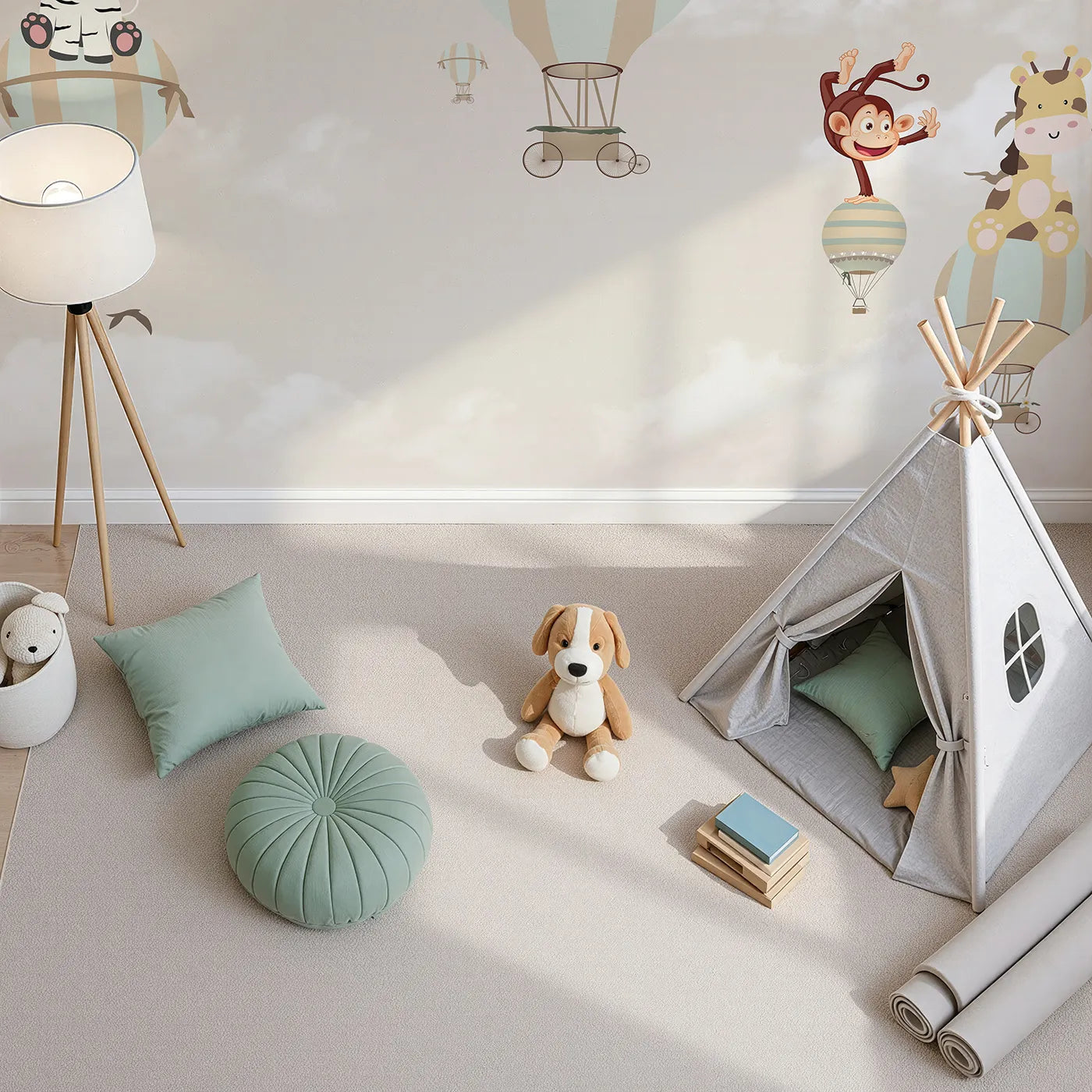 Top-down view of Whimsy Tots' Safari Balloon Brigade Wall Mural (Turn Their Room into a Whimsical, High-Flying Parade).Gender-Neutral