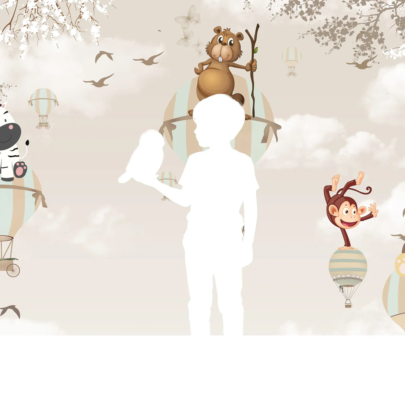 Child in front of Whimsy Tots Safari Balloon Brigade Wall Mural with animal, safari, balloon, cute, vintage, sky, blossom, whimsical in design.