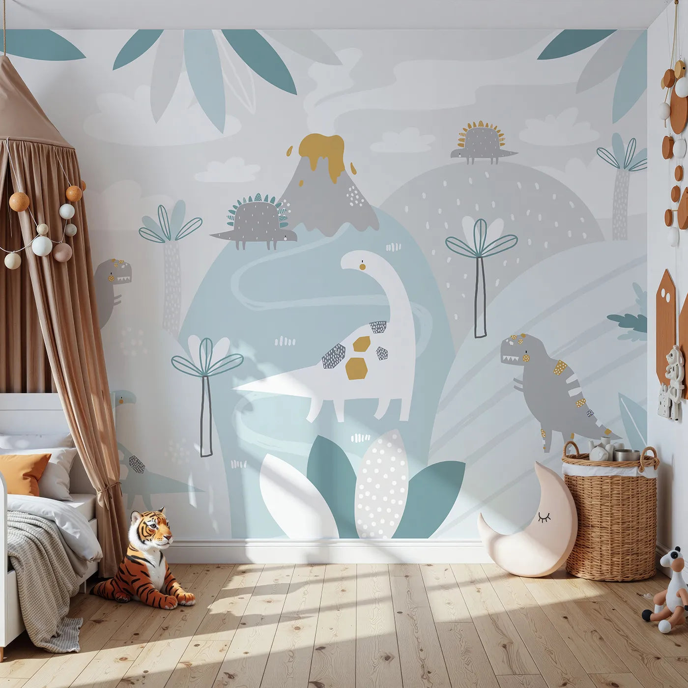 Front view of Whimsy Tots' Pastel Dinosaur Land Wall Mural