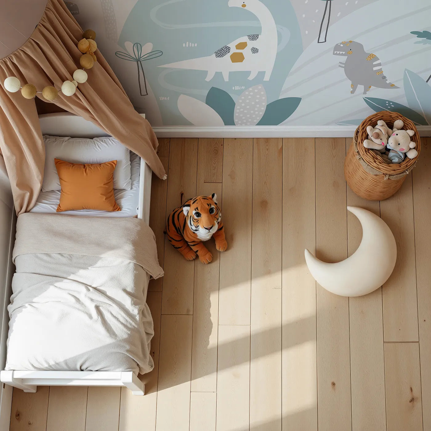 Top-down view of Whimsy Tots' Pastel Dinosaur Land Wall Mural (Turn Their Room into the Sweetest, Most Gentle Prehistoric World).Gender-Neutral