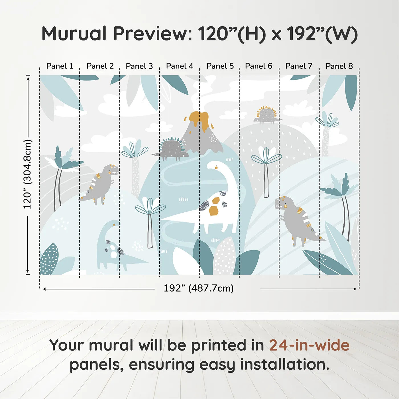 Whimsy Tots Pastel Dinosaur Land Wall Muraldimension view (120" H x 192" W). Printed in eight 24-inch-wide panels. Gender-Neutral