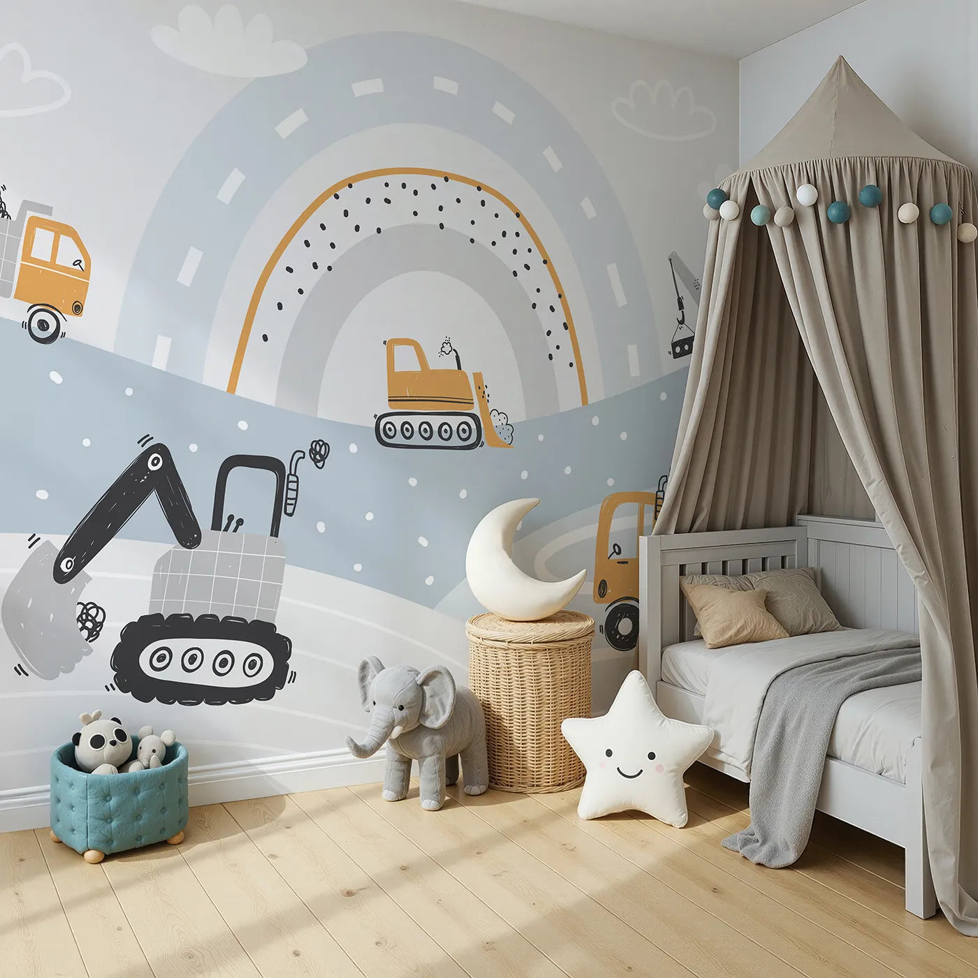 Angled view of Whimsy Tots' Rainbow Construction Zone Wall Mural (Turn Their Room into the Happiest, Most Colorful Work Site).Best for Boys