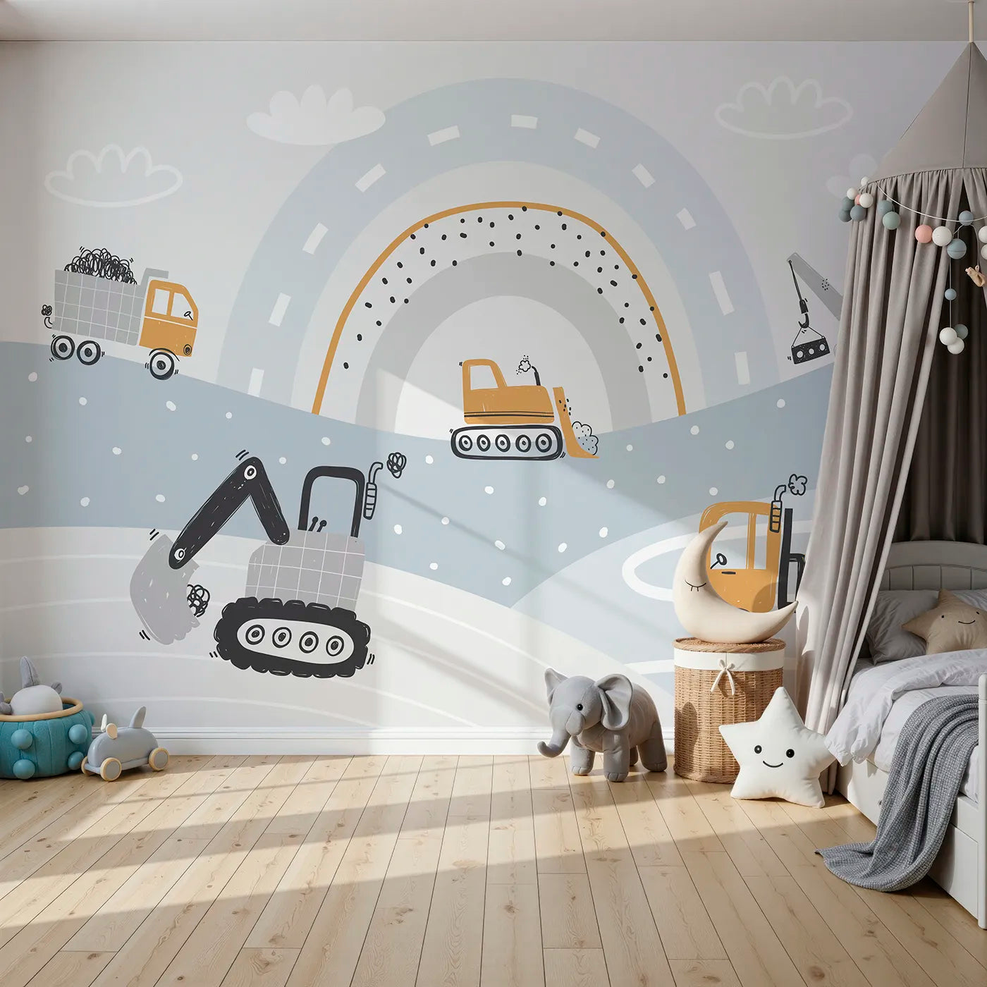 Front view of Whimsy Tots' Rainbow Construction Zone Wall Mural