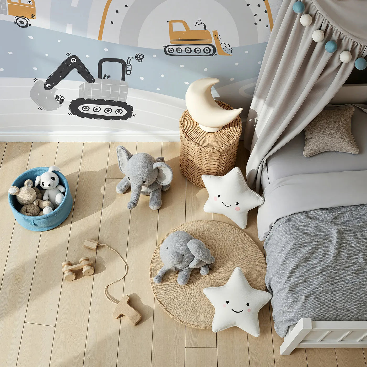 Top-down view of Whimsy Tots' Rainbow Construction Zone Wall Mural (Turn Their Room into the Happiest, Most Colorful Work Site).Best for Boys