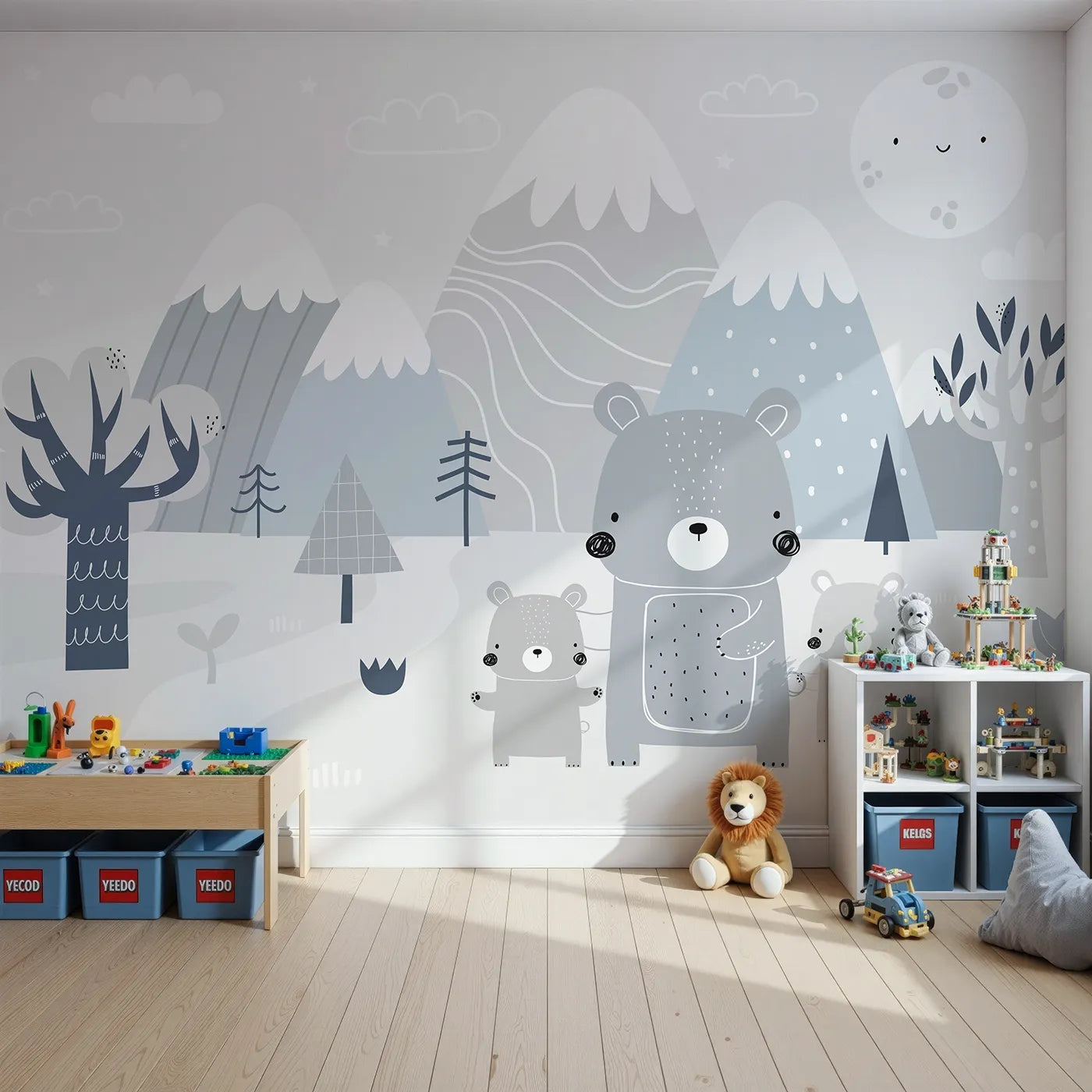 Front view of Whimsy Tots' Bear Family Mountain Walk Wall Mural