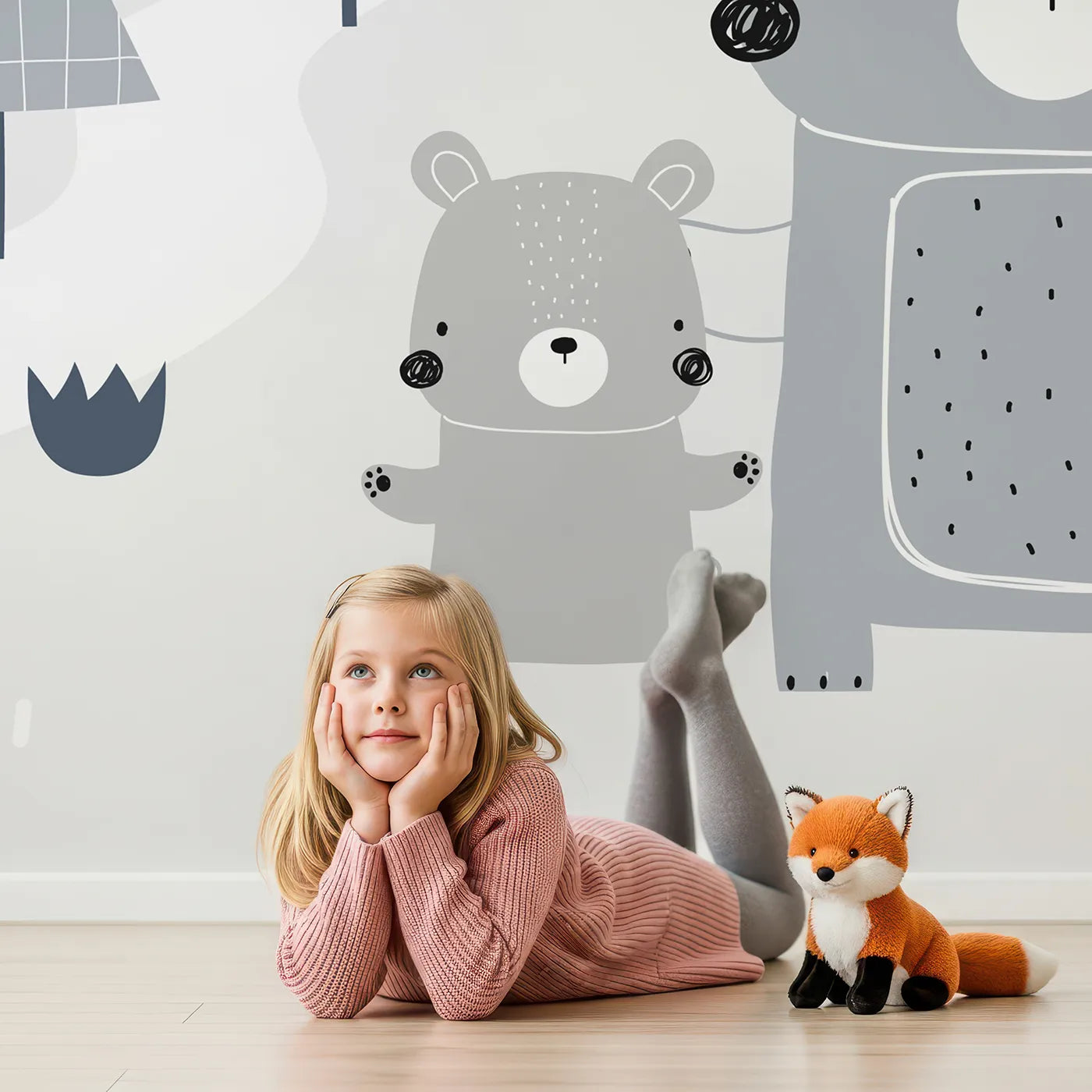 Child in front of Whimsy Tots Bear Family Mountain Walk Wall Mural with bear, family, mountain, moon, cute, modern, gray, blue in design.