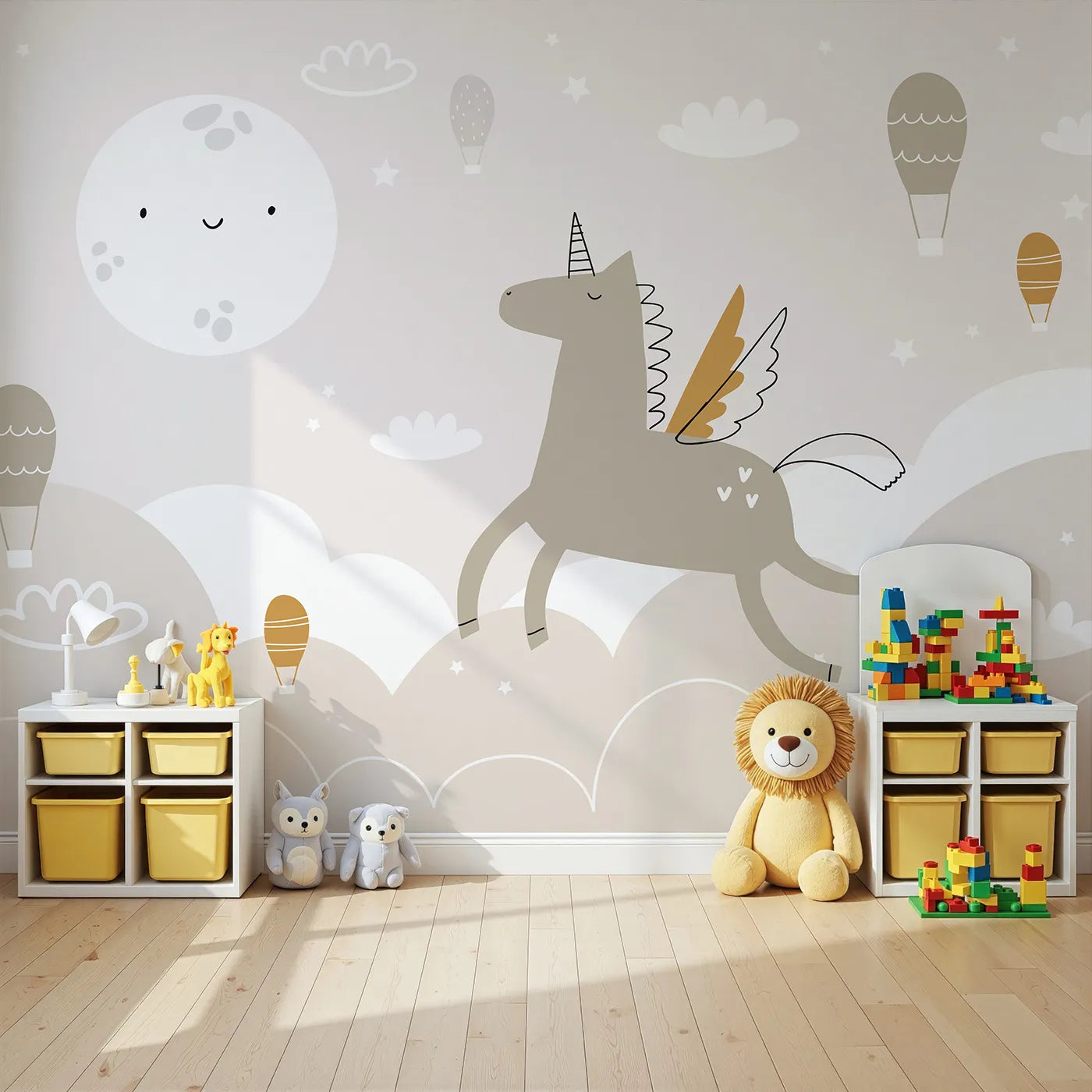 Angled view of Whimsy Tots' Pegasus Dreams Wall Mural (Turn Their Room into a Magical, High-Flying Fairytale).Gender-Neutral