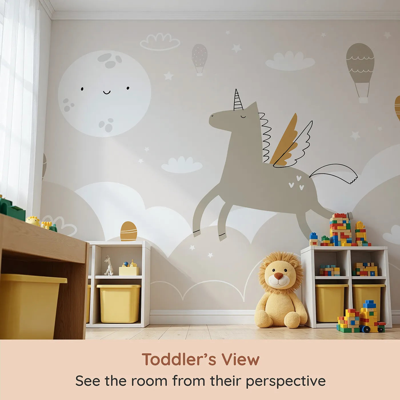 Whimsy Tots Pegasus Dreams Wall Mural (Turn Their Room into a Magical, High-Flying Fairytale) from your child's view.Gender-Neutral