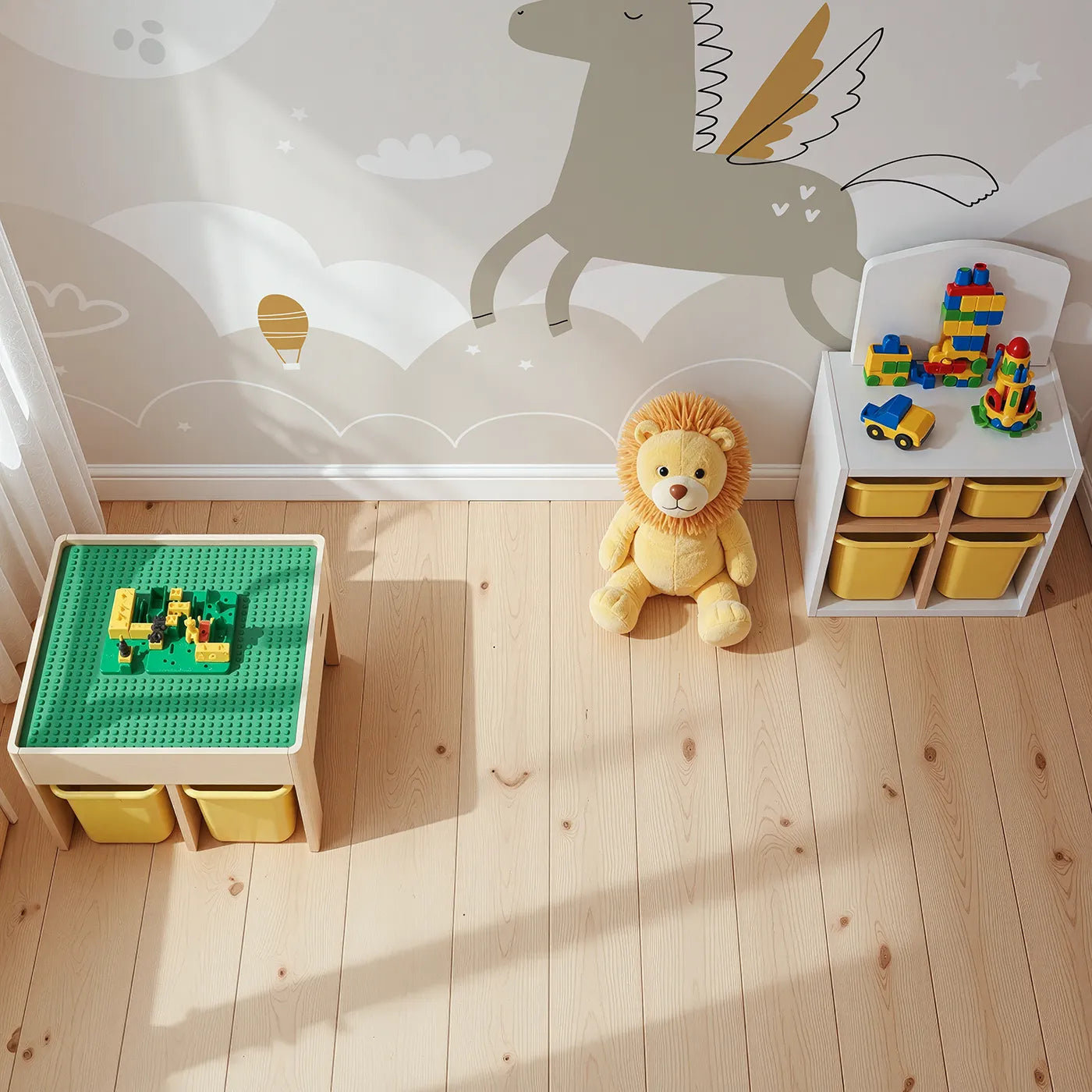 Top-down view of Whimsy Tots' Pegasus Dreams Wall Mural (Turn Their Room into a Magical, High-Flying Fairytale).Gender-Neutral