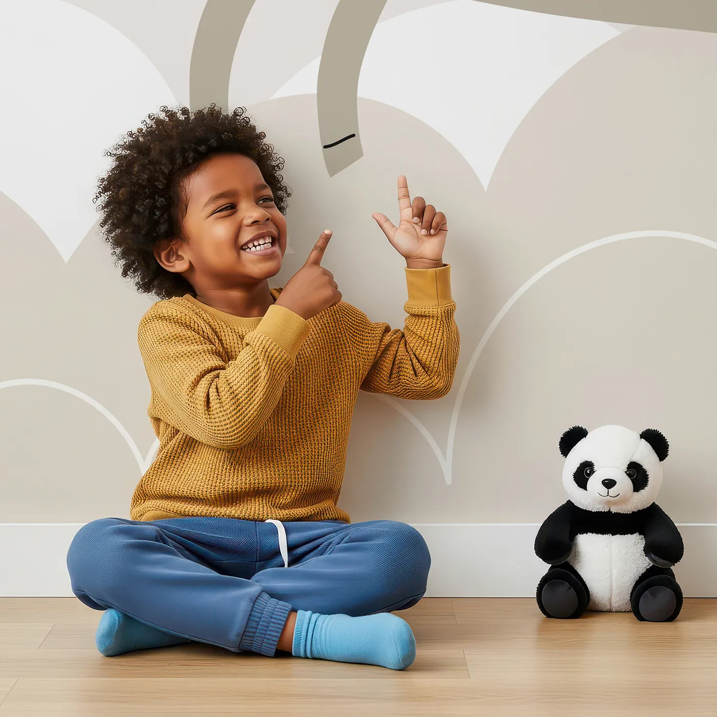 Child in front of Whimsy Tots Pegasus Dreams Wall Mural with unicorn, pegasus, flying, cloud, sky, beige, minimalist, modern in design.
