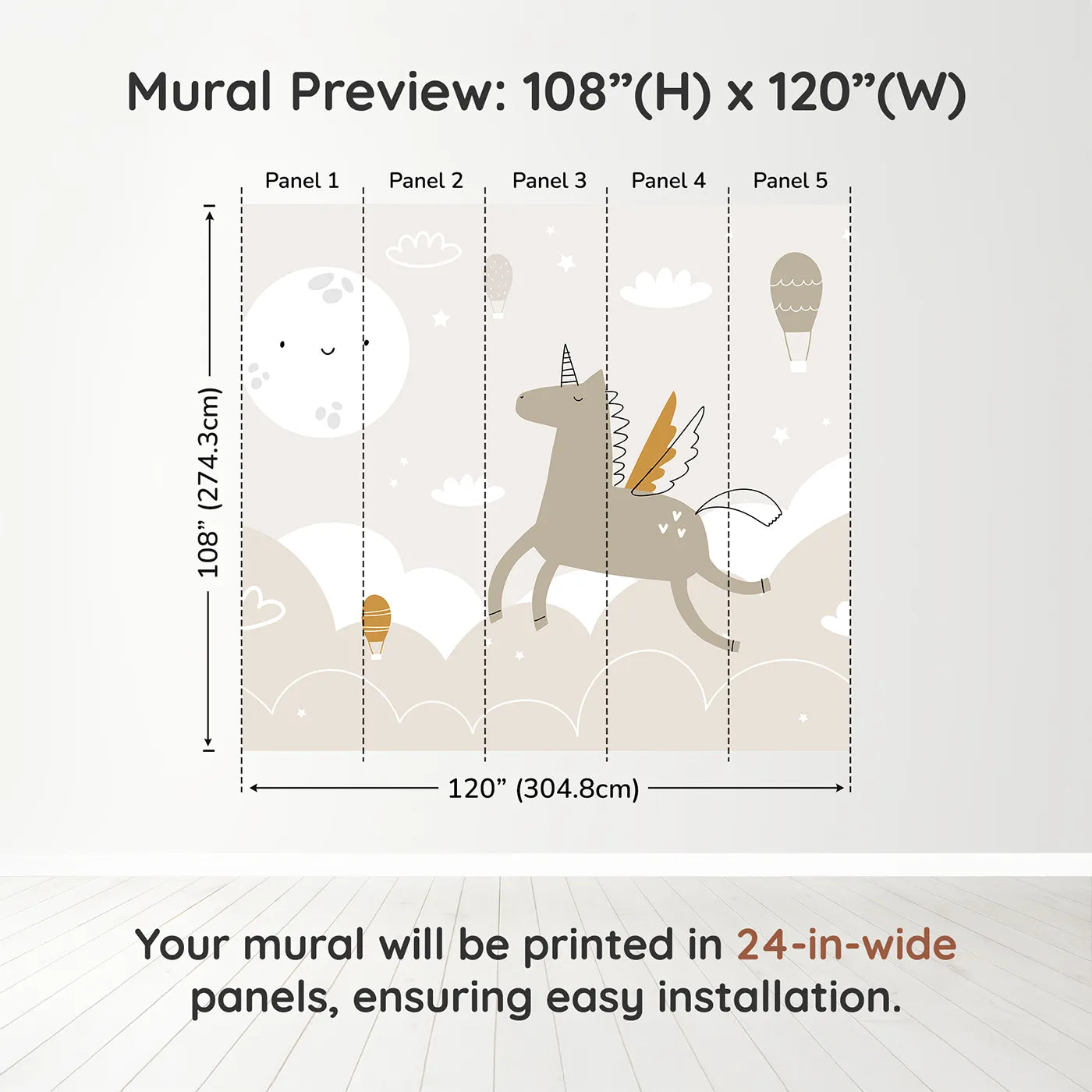 Whimsy Tots Pegasus Dreams Wall Muraldimension view (108" H x 120" W). Printed in five 24-inch-wide panels. Gender-Neutral