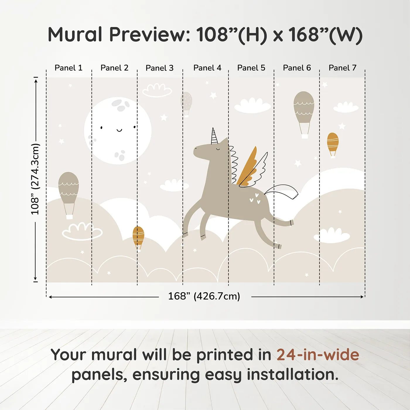 Whimsy Tots Pegasus Dreams Wall Muraldimension view (108" H x 168" W). Printed in seven 24-inch-wide panels. Gender-Neutral