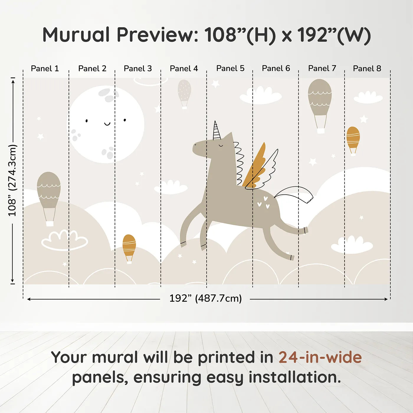 Whimsy Tots Pegasus Dreams Wall Muraldimension view (108" H x 192" W). Printed in eight 24-inch-wide panels. Gender-Neutral