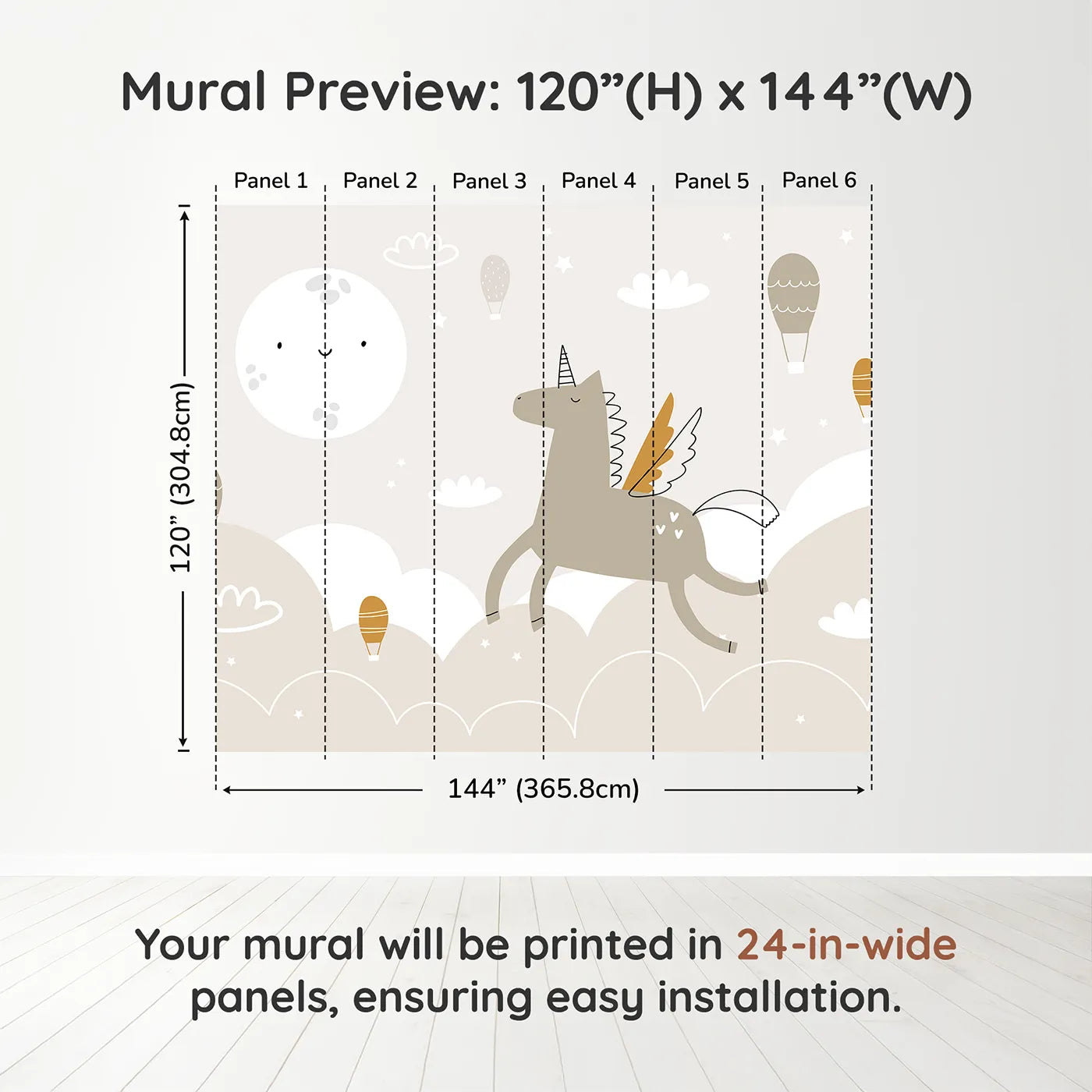 Whimsy Tots Pegasus Dreams Wall Muraldimension view (120" H x 144" W). Printed in six 24-inch-wide panels. Gender-Neutral