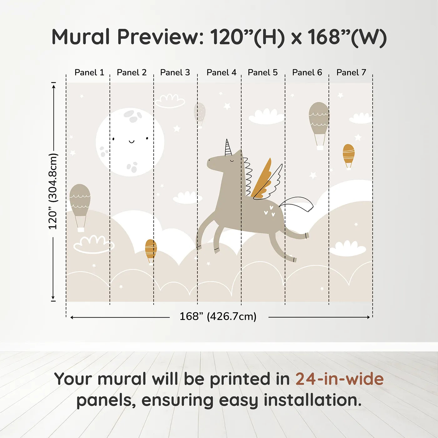 Whimsy Tots Pegasus Dreams Wall Muraldimension view (120" H x 168" W). Printed in seven 24-inch-wide panels. Gender-Neutral