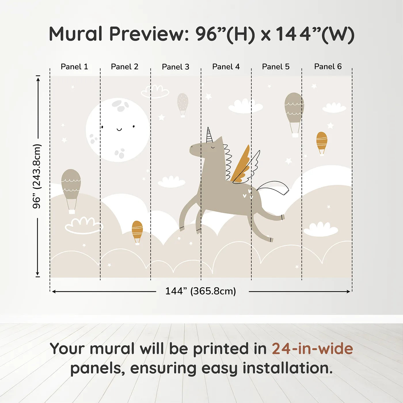 Whimsy Tots Pegasus Dreams Wall Muraldimension view (96" H x 144" W). Printed in six 24-inch-wide panels. Gender-Neutral