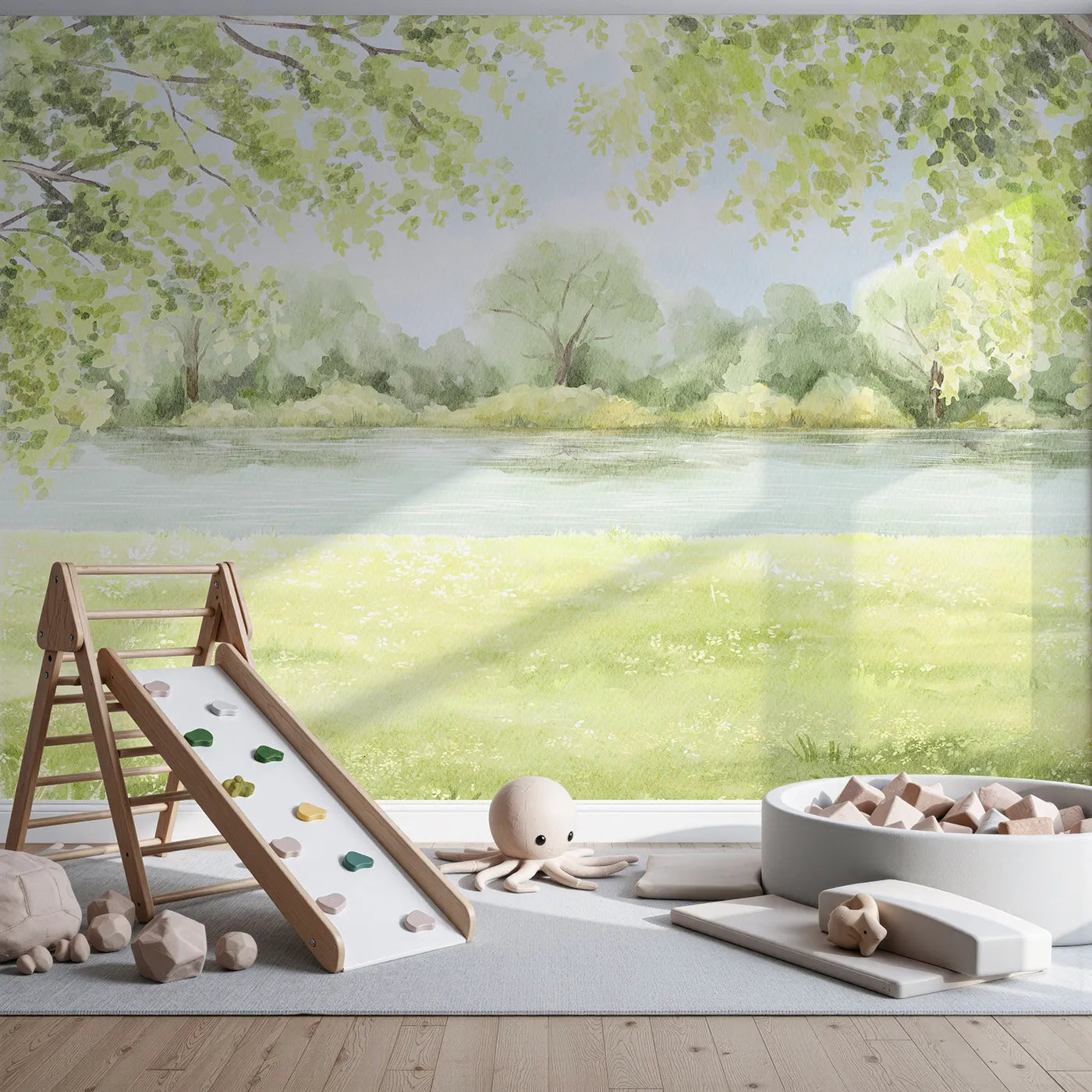 Front view of Whimsy Tots' Peaceful Riverbank Wall Mural
