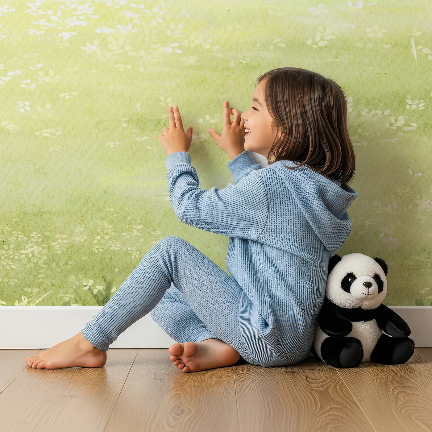 Child in front of Whimsy Tots Peaceful Riverbank Wall Mural with river, landscape, meadow, summer, green, watercolor, nature, calm in design.