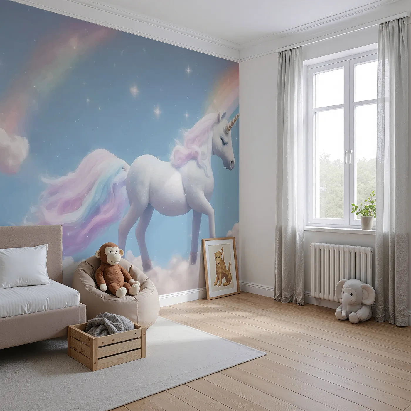 Angled view of Whimsy Tots' Rainbow Unicorn Sky Wall Mural (Turn Their Room into a Breathtaking, Magical Dreamscape).Best for Girls
