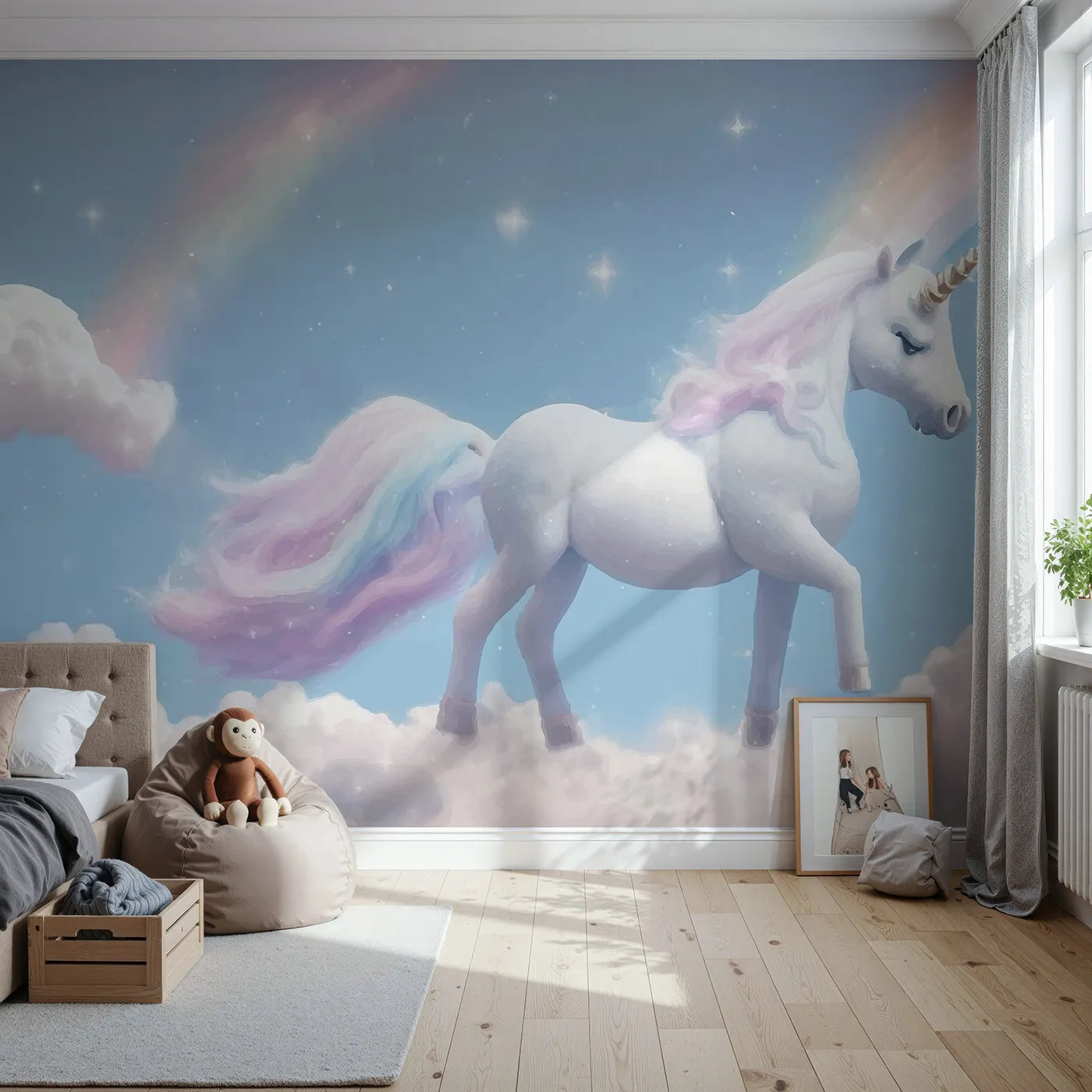 Front view of Whimsy Tots' Rainbow Unicorn Sky Wall Mural
