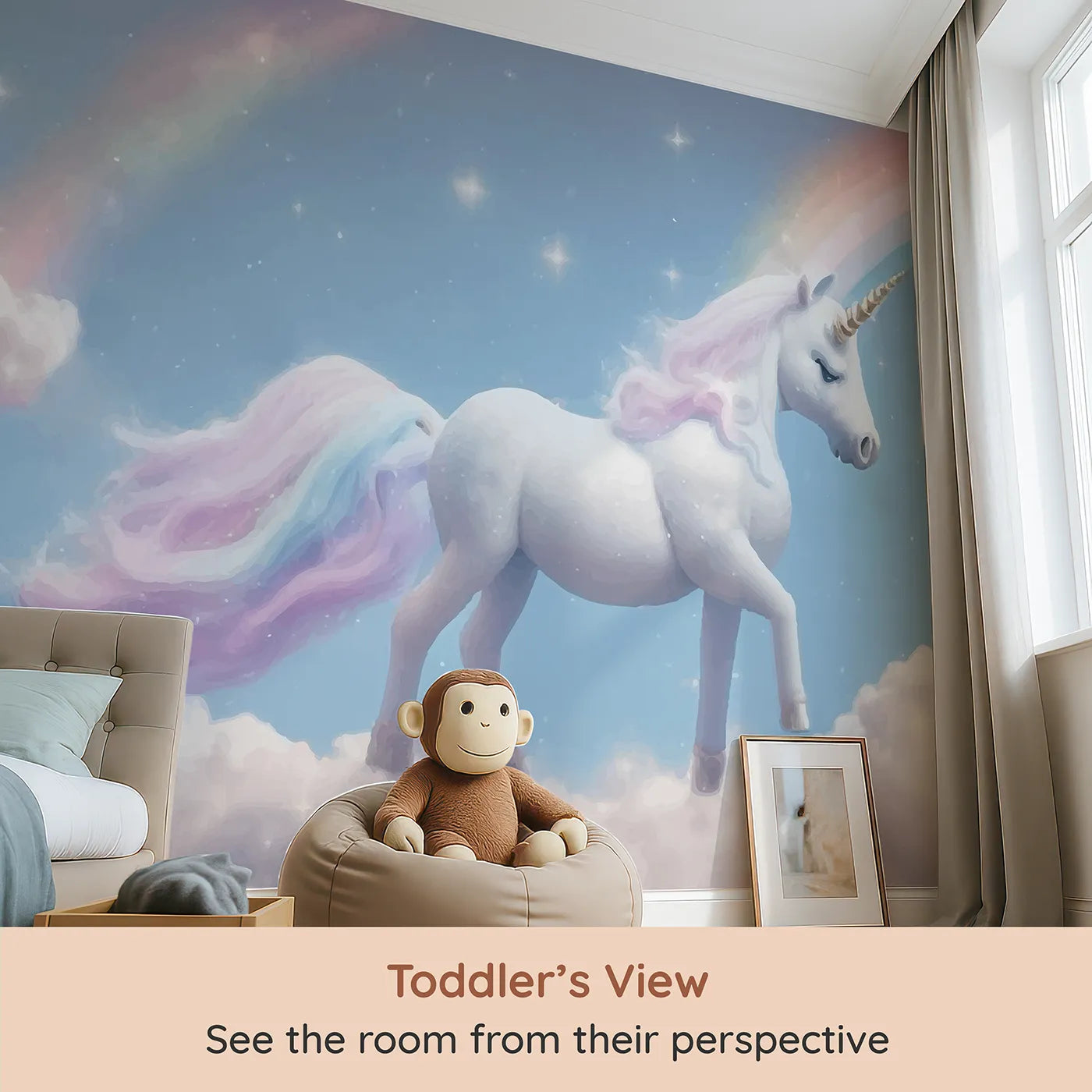Whimsy Tots Rainbow Unicorn Sky Wall Mural (Turn Their Room into a Breathtaking, Magical Dreamscape) from your child's view.Best for Girls