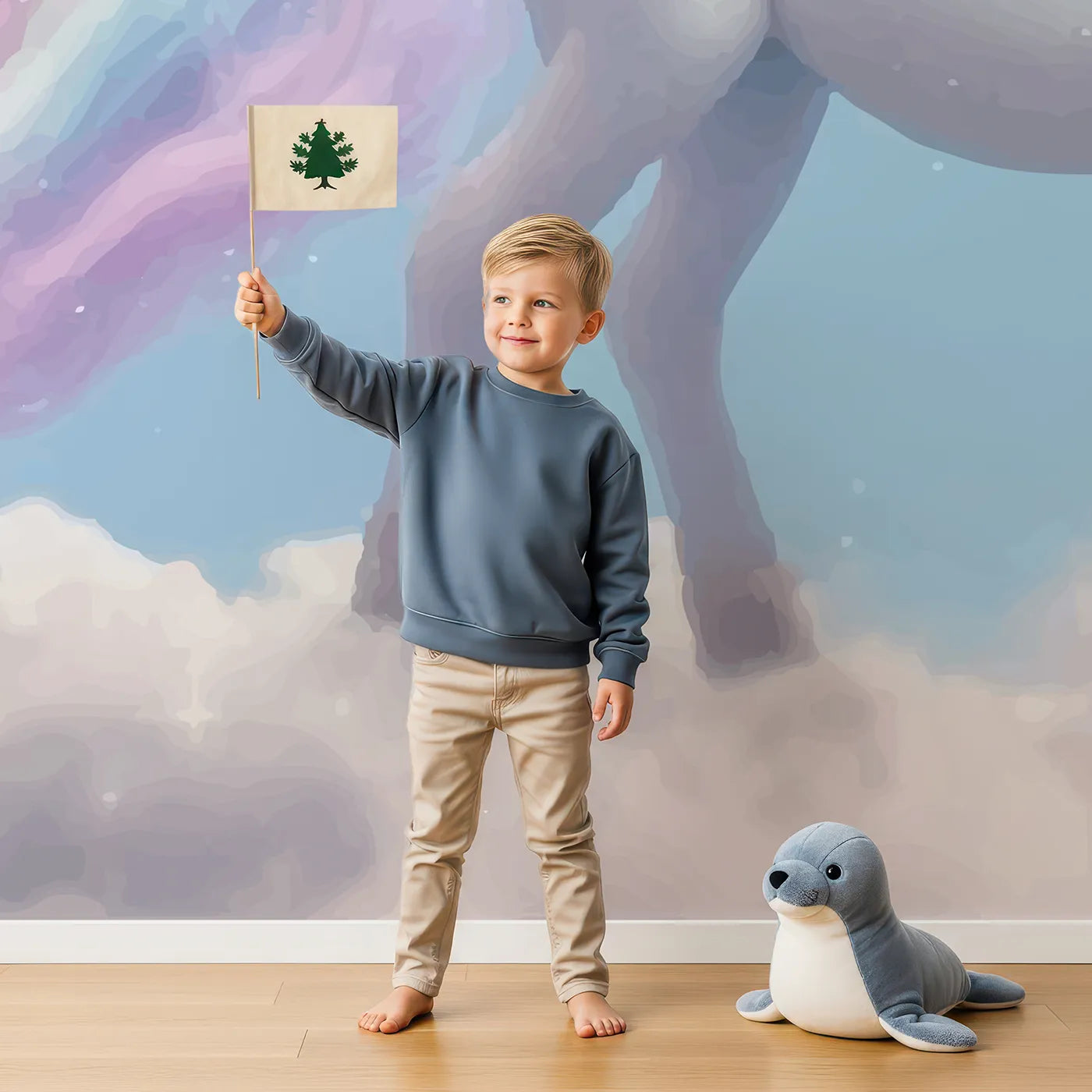 Child in front of Whimsy Tots Rainbow Unicorn Sky Wall Mural with unicorn, rainbow, sky, cloud, magic, sparkle, fantasy, majestic in design.