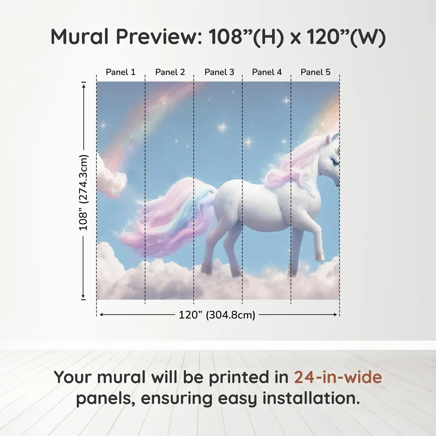 Whimsy Tots Rainbow Unicorn Sky Wall Muraldimension view (108" H x 120" W). Printed in five 24-inch-wide panels. Best for Girls