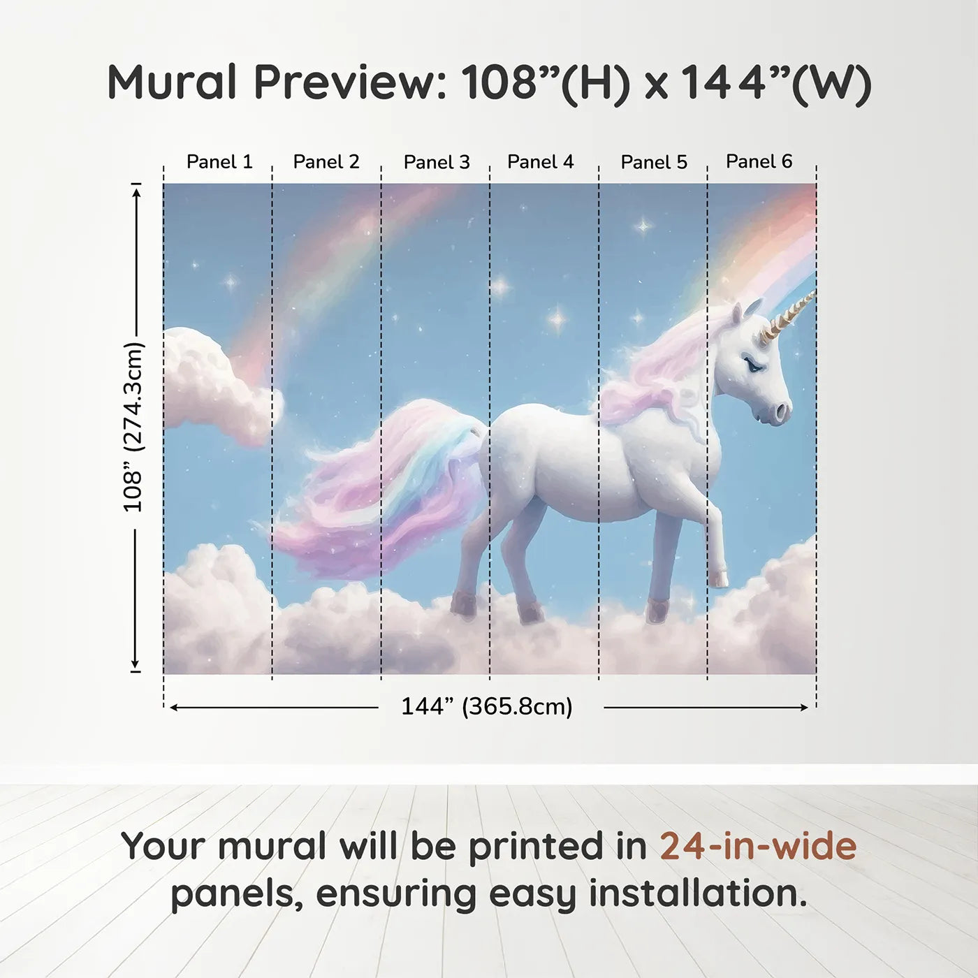 Whimsy Tots Rainbow Unicorn Sky Wall Muraldimension view (108" H x 144" W). Printed in six 24-inch-wide panels. Best for Girls