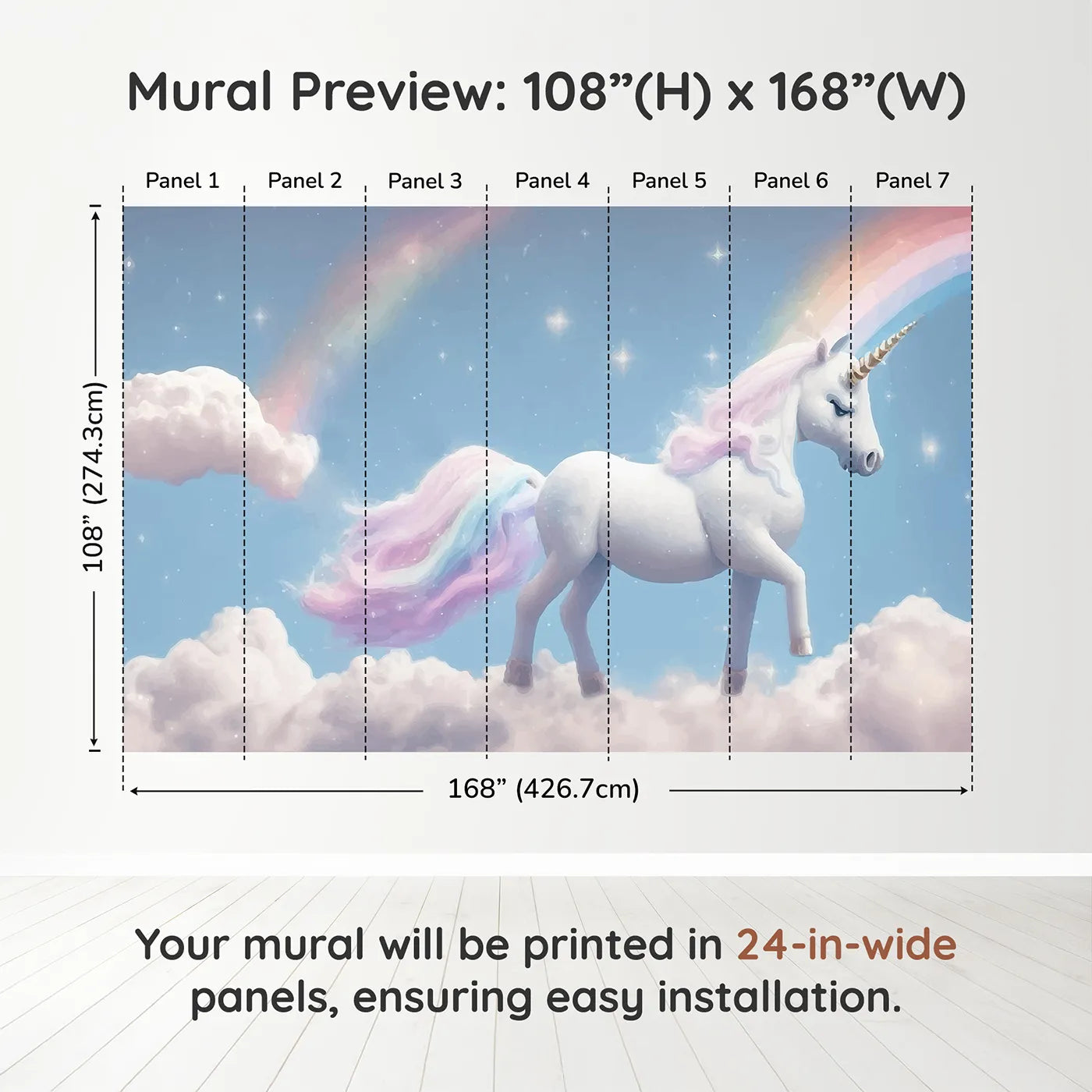 Whimsy Tots Rainbow Unicorn Sky Wall Muraldimension view (108" H x 168" W). Printed in seven 24-inch-wide panels. Best for Girls