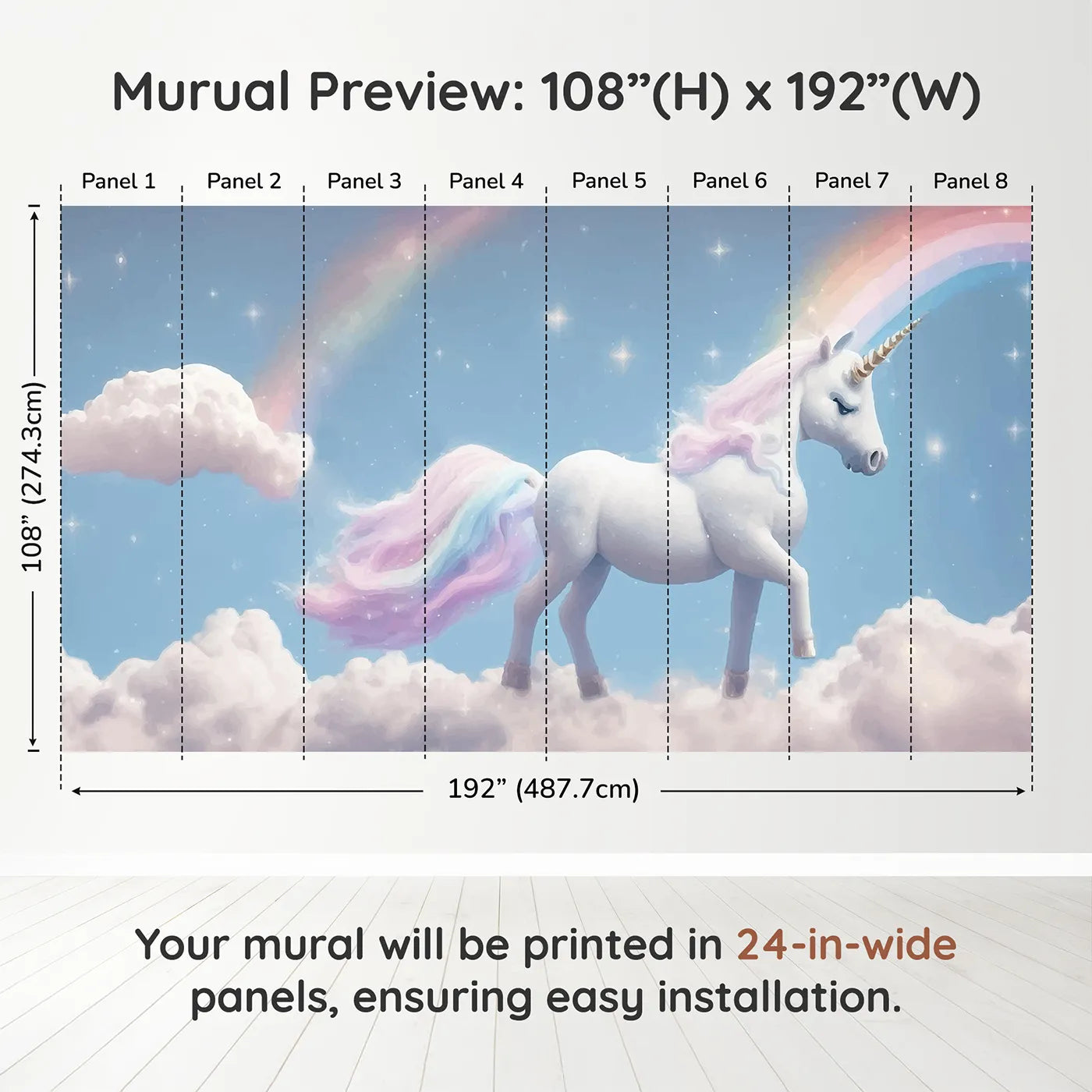 Whimsy Tots Rainbow Unicorn Sky Wall Muraldimension view (108" H x 192" W). Printed in eight 24-inch-wide panels. Best for Girls