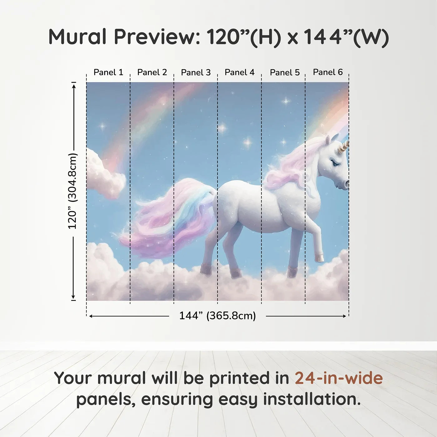 Whimsy Tots Rainbow Unicorn Sky Wall Muraldimension view (120" H x 144" W). Printed in six 24-inch-wide panels. Best for Girls