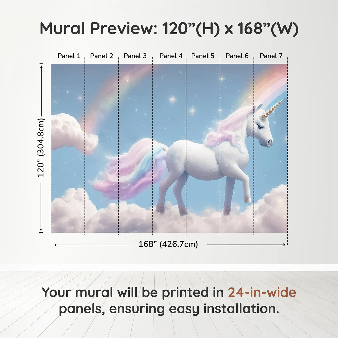 Whimsy Tots Rainbow Unicorn Sky Wall Muraldimension view (120" H x 168" W). Printed in seven 24-inch-wide panels. Best for Girls
