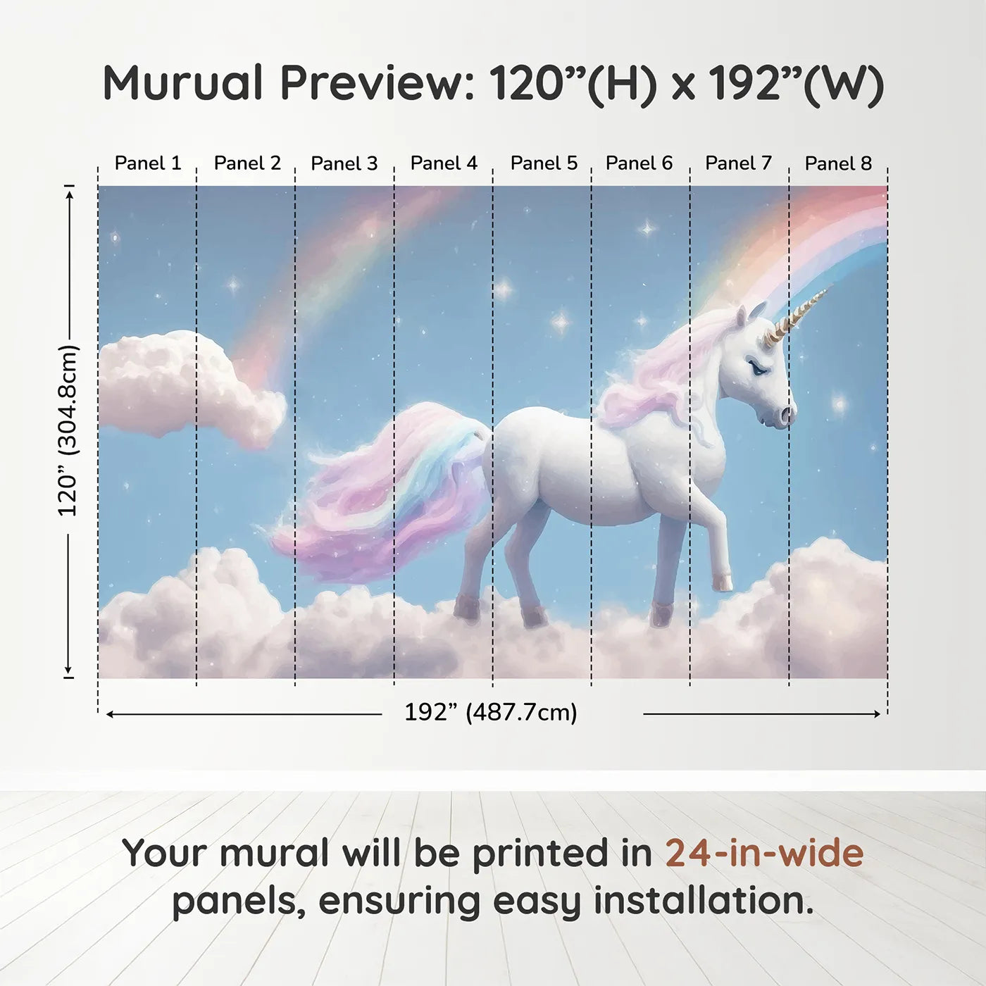 Whimsy Tots Rainbow Unicorn Sky Wall Muraldimension view (120" H x 192" W). Printed in eight 24-inch-wide panels. Best for Girls