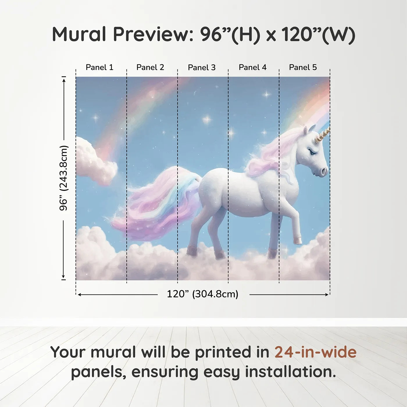 Whimsy Tots Rainbow Unicorn Sky Wall Muraldimension view (96" H x 120" W). Printed in five 24-inch-wide panels. Best for Girls
