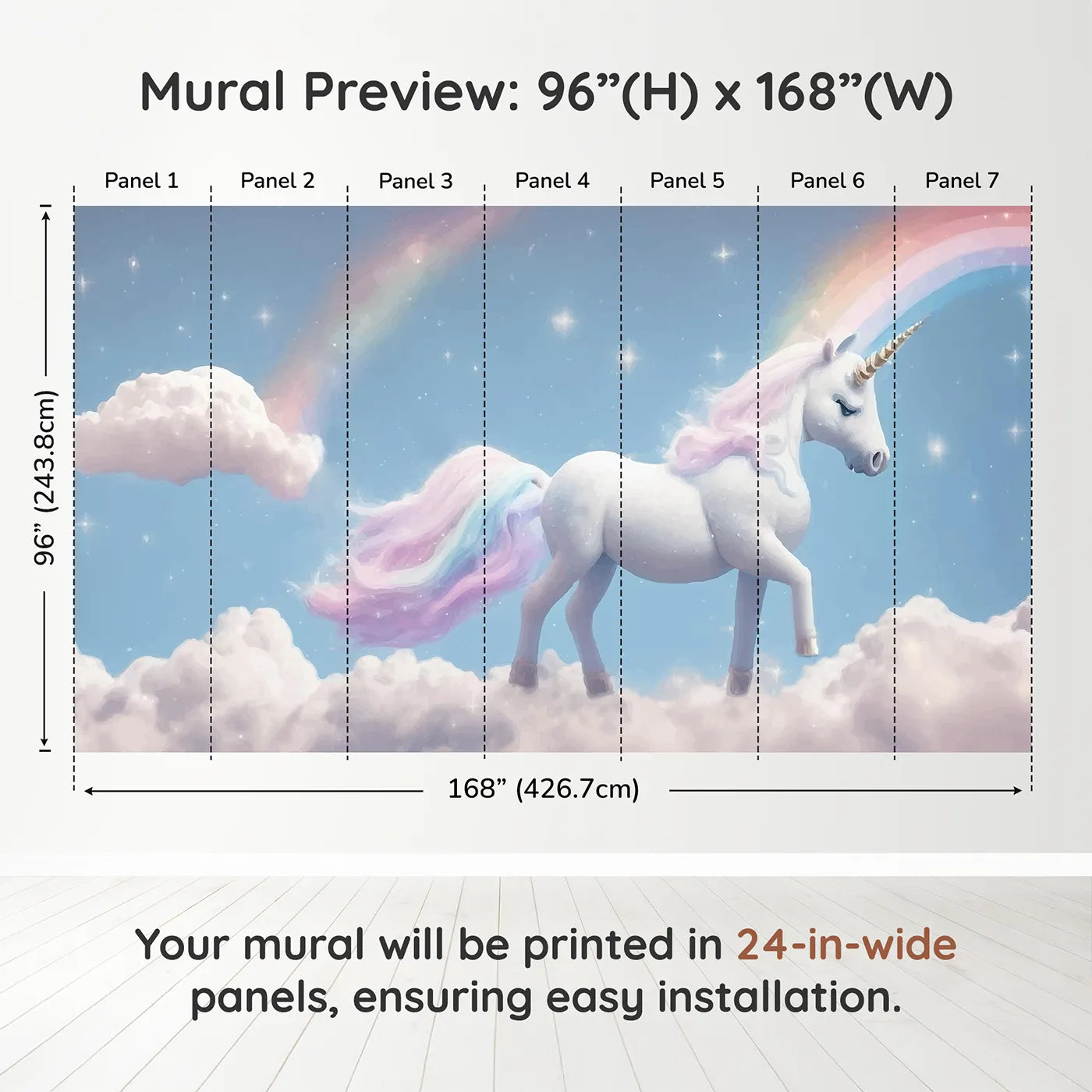 Whimsy Tots Rainbow Unicorn Sky Wall Muraldimension view (96" H x 168" W). Printed in seven 24-inch-wide panels. Best for Girls