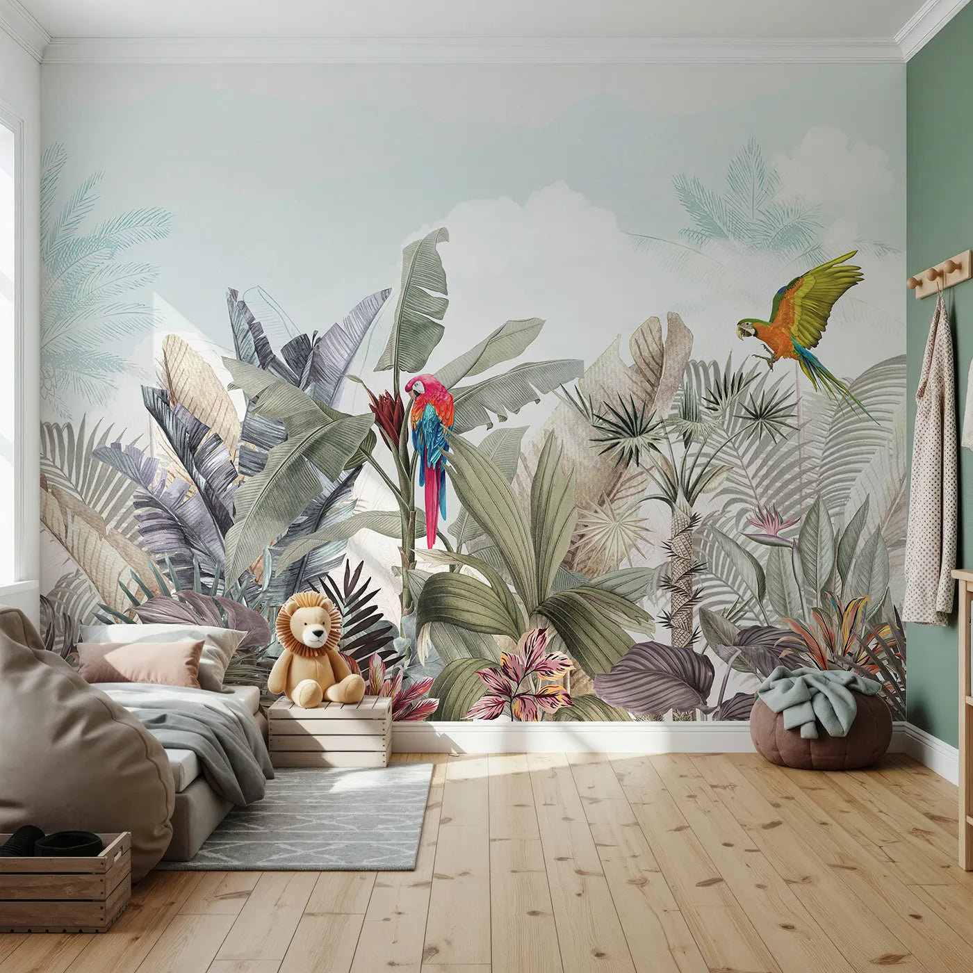 Front view of Whimsy Tots' Tropical Parrot Paradise Wall Mural