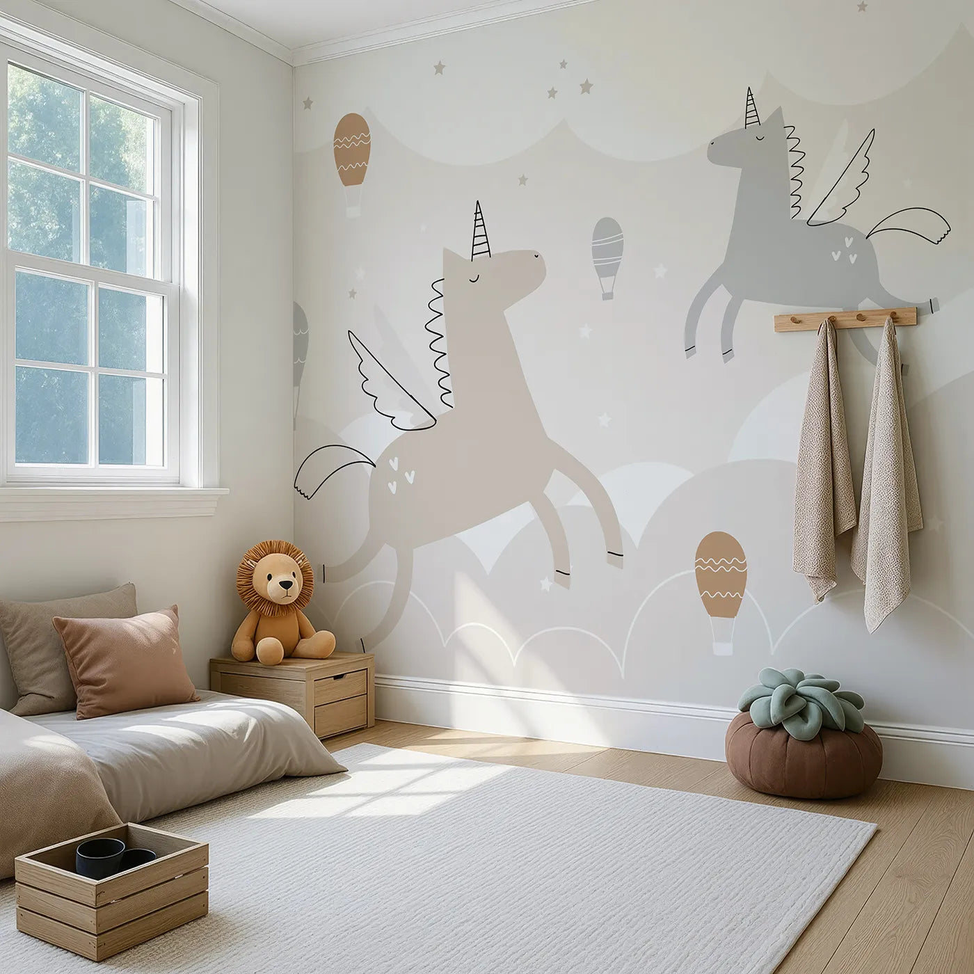 Angled view of Whimsy Tots' Flying Unicorns Wall Mural (Turn Their Room into a Gentle, High-Flying Dream).Gender-Neutral