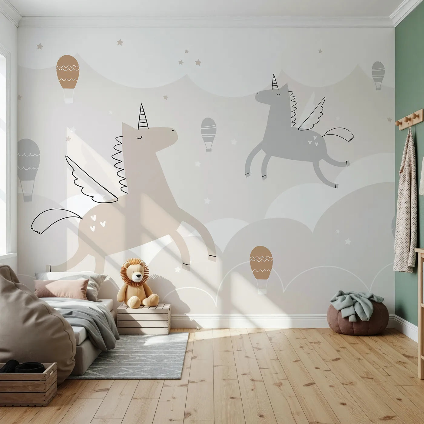 Front view of Whimsy Tots' Flying Unicorns Wall Mural
