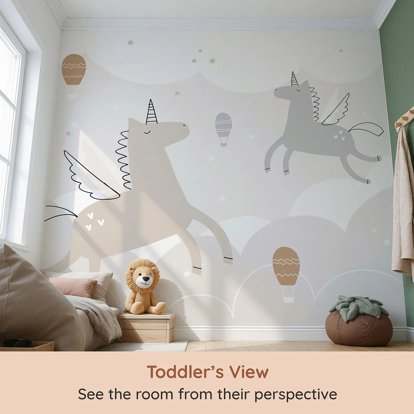 Whimsy Tots Flying Unicorns Wall Mural (Turn Their Room into a Gentle, High-Flying Dream) from your child's view.Gender-Neutral