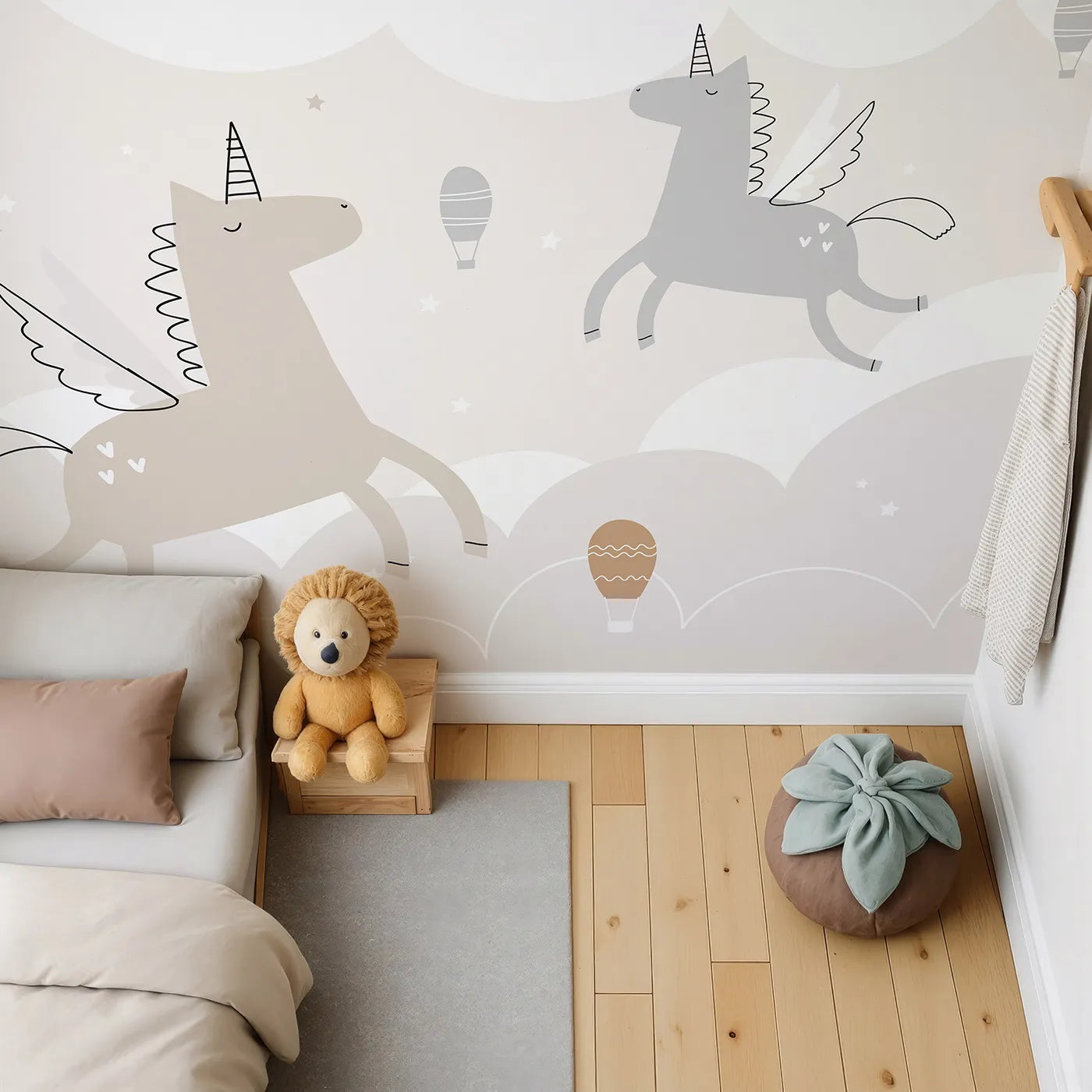 Top-down view of Whimsy Tots' Flying Unicorns Wall Mural (Turn Their Room into a Gentle, High-Flying Dream).Gender-Neutral