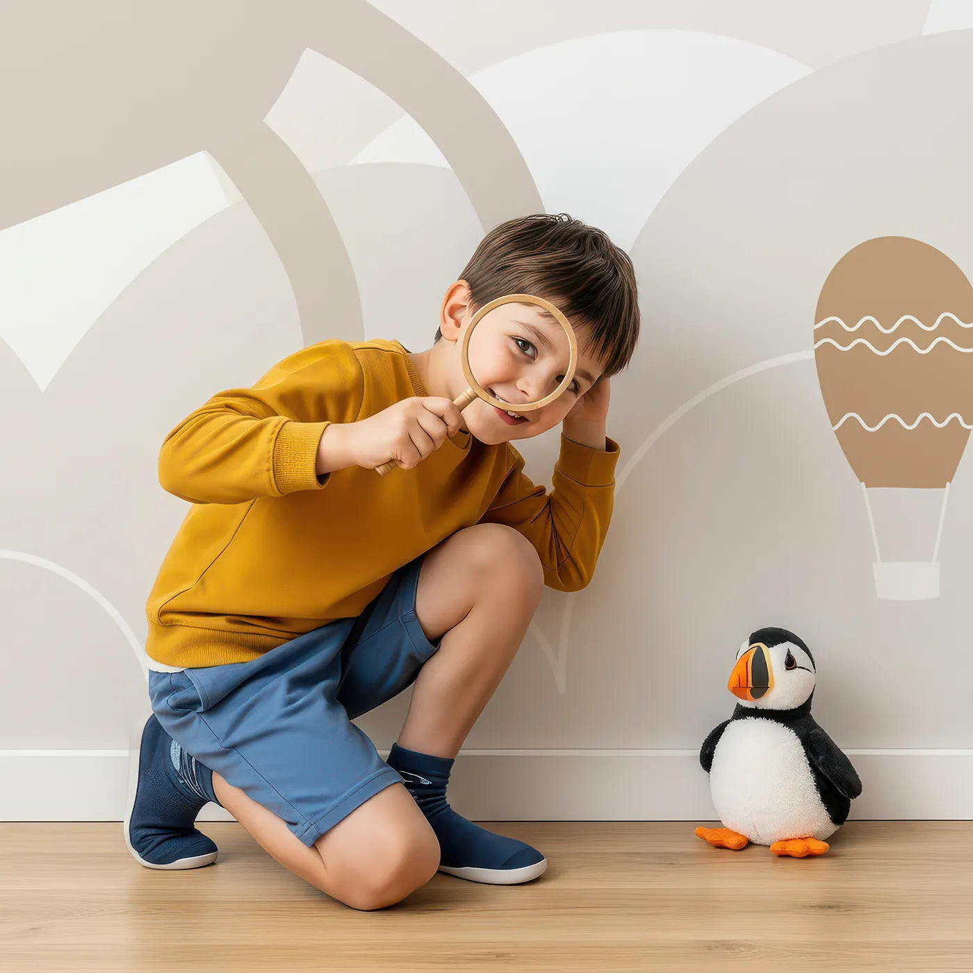 Child in front of Whimsy Tots Flying Unicorns Wall Mural with unicorn, pegasus, flying, cloud, sky, beige, minimalist, modern in design.